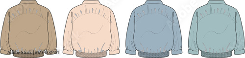Vector illustration set of casual bomber jacket back views in four different muted pastel colors for fashion design and apparel mockups