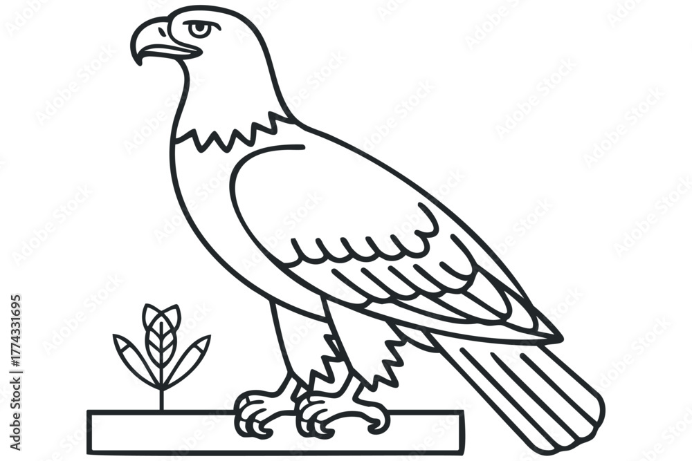 Fototapeta premium Outline of eagle perched on a platform with plant