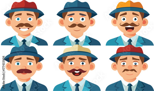 Six diverse cartoon men with expressive faces and stylish hats showcase a range of emotions and personalities Art & Illustration