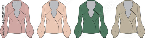 Set of elegant wrap blouses with voluminous balloon sleeves in multiple colorways. Fashion design technical flat sketch illustration