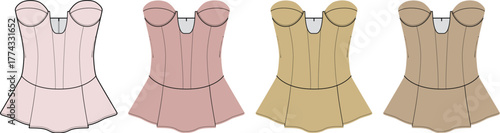 A collection of four different colored bustier dresses for fashion design and apparel concept