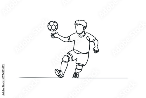 Continuous line drawing of a soccer player balancing ball