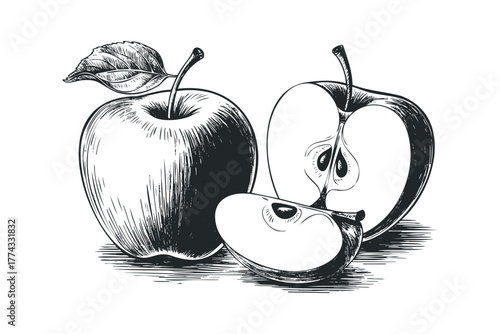 Whole and sliced apple with leaf and stem