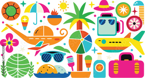 Vibrant collection of summer vacation icons featuring tropical elements and beach essentials for a fun getaway Art & Illustration