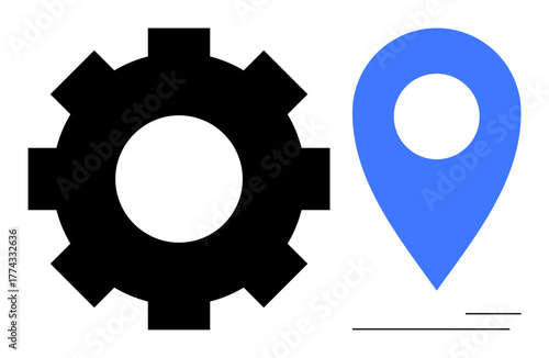 Large black gear beside a blue location pin icon. Ideal for process management, location tracking, navigation, optimization, workflow, technology, and strategy. Simple flat metaphor