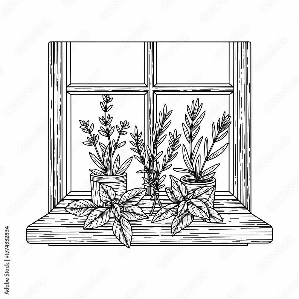 Fototapeta premium Herbs on a windowsill line art drawing. Vintage engraving style botanical graphic with lavender, rosemary, and basil