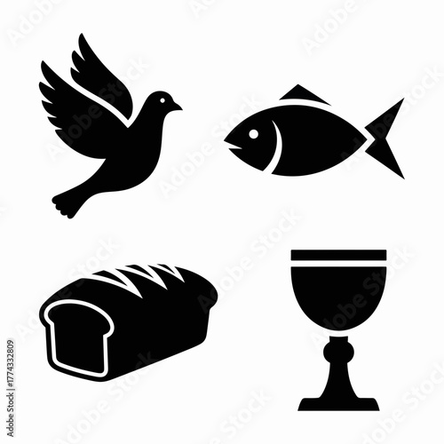 Flat icons of christian symbols. Holy spirit dove, ichthys fish, and eucharist bread and wine chalice. Black silhouette graphic set