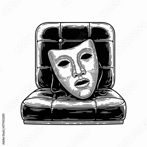 A theatrical mask on a tufted armchair. Vintage engraving style line art. Drama, acting, and psychology concept graphic