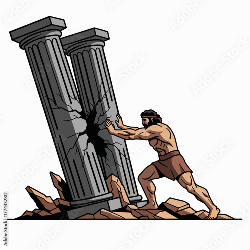 Samson and the pillars biblical story. A powerful hero destroying a temple. Cartoon graphic of immense strength