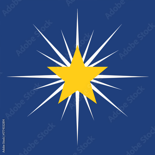 Flat design of the Star of Bethlehem. A yellow star with a white starburst on a blue background. Christian symbol for Christmas and the nativity