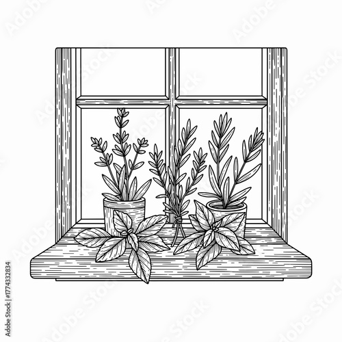 Herbs on a windowsill line art drawing. Vintage engraving style botanical graphic with lavender, rosemary, and basil
