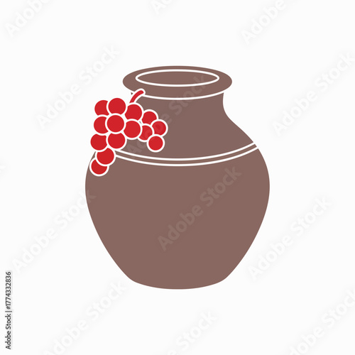 Biblical water jar with grapes icon. Symbol of the Wedding at Cana miracle and wine. Simple flat design graphic.