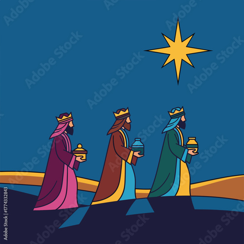 The Three Wise Men following the Star of Bethlehem. Biblical nativity scene for Christmas and Epiphany. Modern flat design graphic