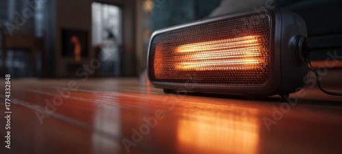 The space heater glowing on hardwood floor in a cozy modern living room