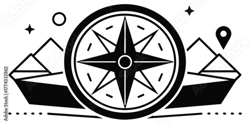 Compass rose icon with pyramids and a location marker, symbolizing adventure, global travel, and exploration