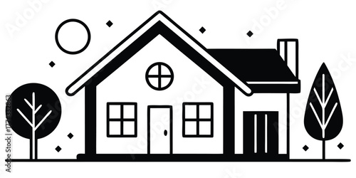 Charming minimalist house illustration with stylized trees, sun, moon, and stars, perfect for modern residential design concepts