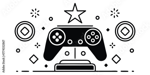 Iconic video game controller trophy with a shining star on a pedestal, representing ultimate achievement and success in digital entertainment