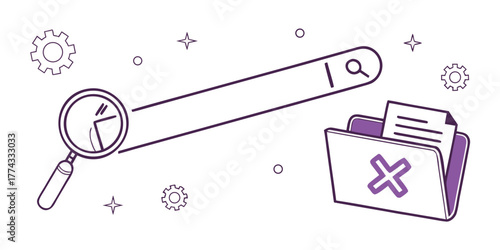Minimalist vector illustration of digital search failure or data not found concept, featuring a magnifying glass scanning an empty search bar leading to a document folder marked with an error cross