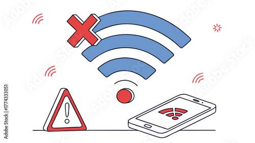 Flat minimal vector illustration of a broken Wi-Fi connection with a warning sign and smartphone
