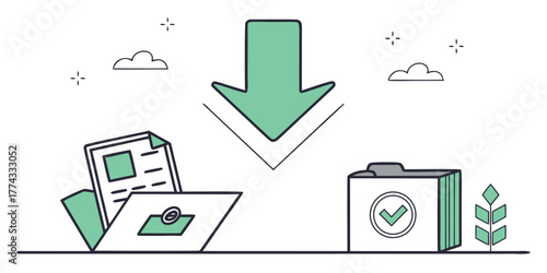 Minimalist vector illustration depicting a seamless data download and secure file transfer process into digital folders