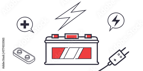 Flat Vector Illustration of an Automotive Battery with Charging Elements and Electrical Power Symbols, Ideal for Energy Technology Concepts