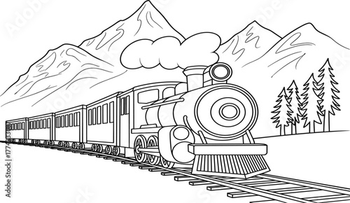 Vintage Train Locomotive Line Art - Mountain Rail Travel and Transport Vector