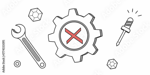 Minimalist vector illustration of a system error or configuration problem, featuring a gear with an 'X' alongside development and repair tools