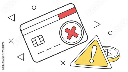Declined Payment Illustration Credit Card with Warning Sign and Coins