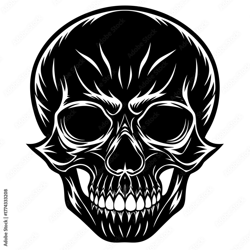 Fototapeta premium Stylized black skull with sharp teeth and fiery accents isolated on white background