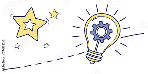 Conceptual illustration of a star and a lightbulb with a gear, representing innovation and bright ideas
