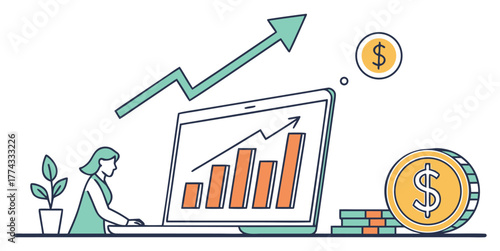 Digital financial growth concept with a woman working on a laptop, illustrating business success and investment returns in a flat vector style