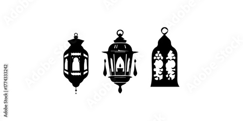 Stylized silhouette of a lantern emitting light isolated on white background silhouette