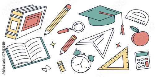 Collection of School Supplies and Educational Items Arranged on White Background