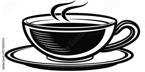 A classic and elegant black and white vector illustration depicting a steaming cup of hot coffee or tea, perfect for cafe menus, beverage designs, or cozy drink concepts