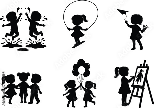 Children activity silhouette set, black vector icons of kids painting, skipping rope, splashing, dancing, walking, and imaginative play