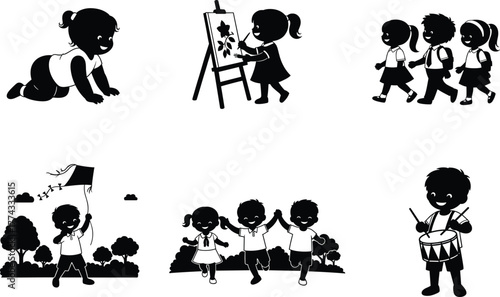 Children activity silhouette set, black vector icons of kids swinging, painting, chasing butterflies, drumming, riding toy car, 