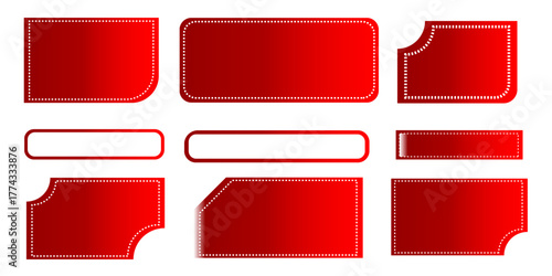 Set of Red Glossy Labels – Shiny Rectangle Tag Shapes with Rounded and Cut Corners on White Background
