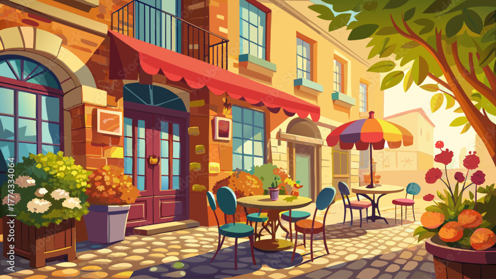 Fototapeta premium Vector of an old café on a cobblestone street, chairs outside, flowers by window, warm afternoon sunlight, nostalgic atmosphere