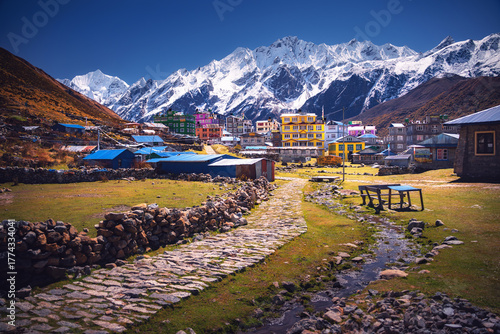 Kyanjin Gompa Village with Snowy Himalayan Peaks in Langtang Valley, Nepal