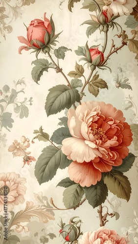 Elegant floral wallpaper design featuring blooming roses and delicate buds against a soft background