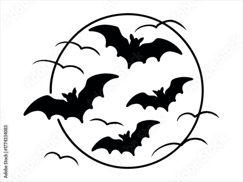 A full circular moon with three silhouetted bats flying across its surface isolated on transparent background