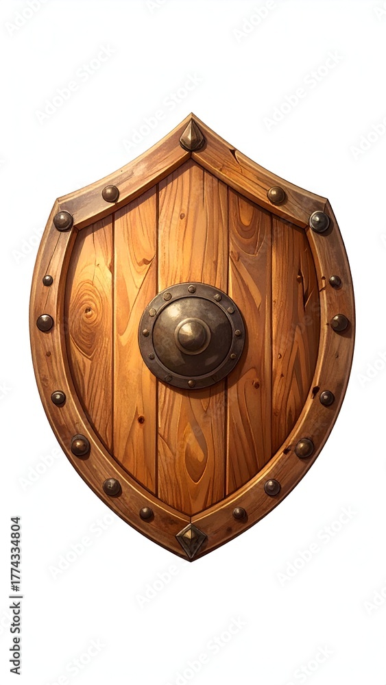 Fototapeta premium A detailed wooden shield with metal accents, symbolizing protection and strength, on a white background