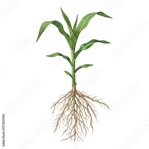 Illustration of a young corn plant with green leaves and an extensive root system, isolated on transparent background