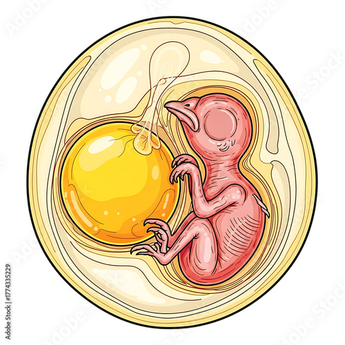 Illustration of a chick embryo developing inside an egg, showing yolk and amniotic fluid isolated on transparent background