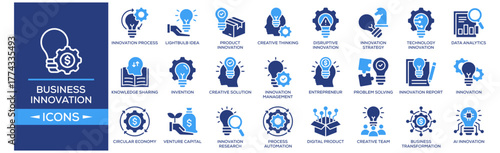 Business Innovation icon set. Containing design Innovation Process, Lightbulb Idea, Product Innovation, Creative Thinking, Data Analytics. Solid icon collection.
