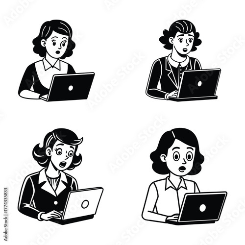 Confused Woman Working On Laptop Cartoon Icon svg
