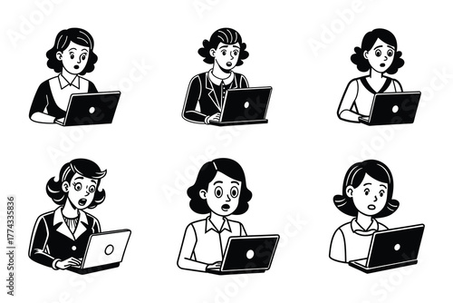 Confused Woman Working On Laptop Cartoon Icon svg