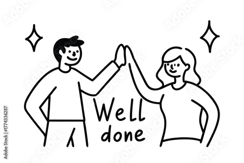 Happy diverse couple celebrating with a high five and the words well done in a simple line art style