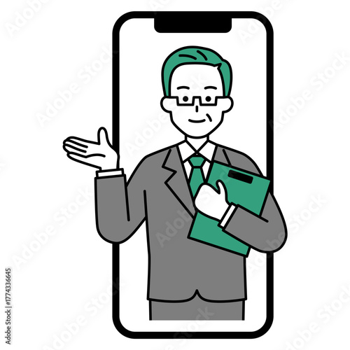 スマホでオンラインカウンセリングをするベテランのカウンセラーの男性