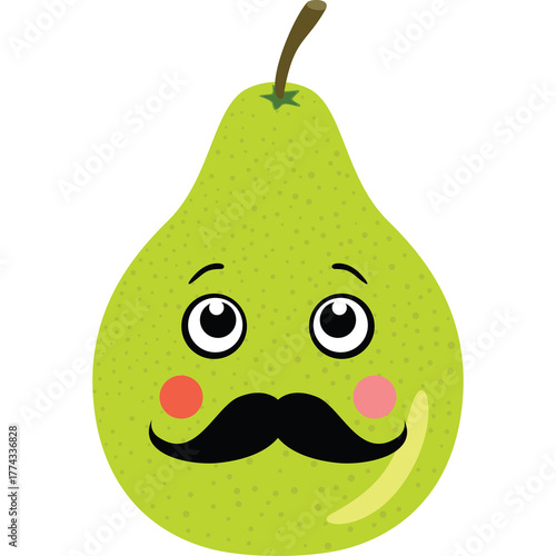 Whimsical Pear Character with Black Moustache Pink Cheeks and Big Eyes Transparent Background